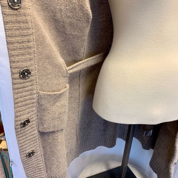 Bcbgmaxazria angora beige tan brown sweater belted high neck button closure L - Picture 4 of 12